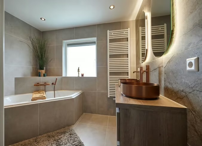 Badkamer met ligbad en houten wastafelmeubel – Liebkes, Trerom B.V.